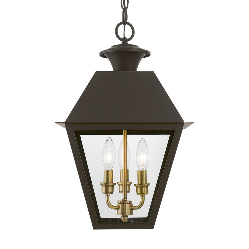 Livex Lighting 27220-07 Three Light Outdoor Pendant, Bronze w/Antique Brass Finish Cluster