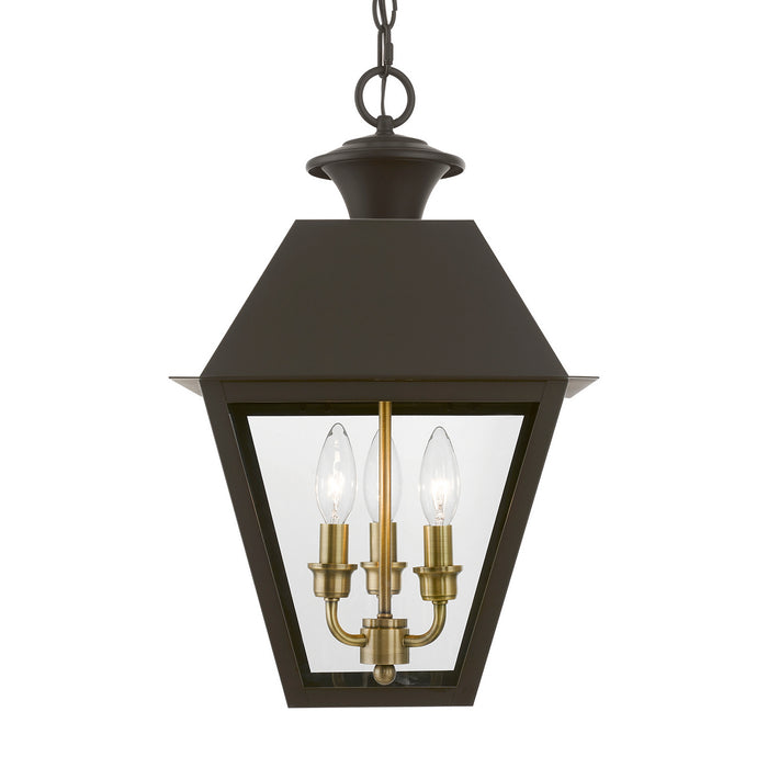 Livex Lighting 27220-07 Three Light Outdoor Pendant, Bronze w/Antique Brass Finish Cluster