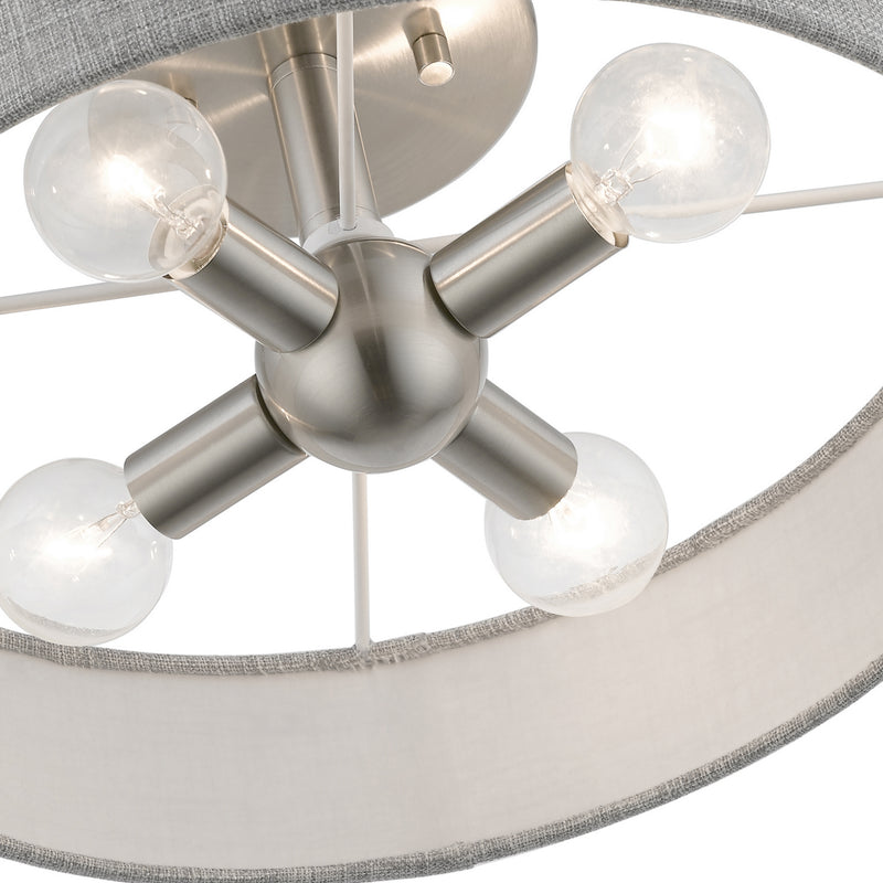 Livex Lighting 46147-91 Four Light Semi-Flush Mount, Brushed Nickel w/Shiny White