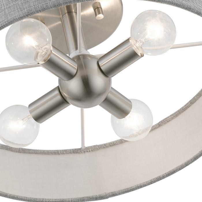 Livex Lighting 46147-91 Four Light Semi-Flush Mount, Brushed Nickel w/Shiny White