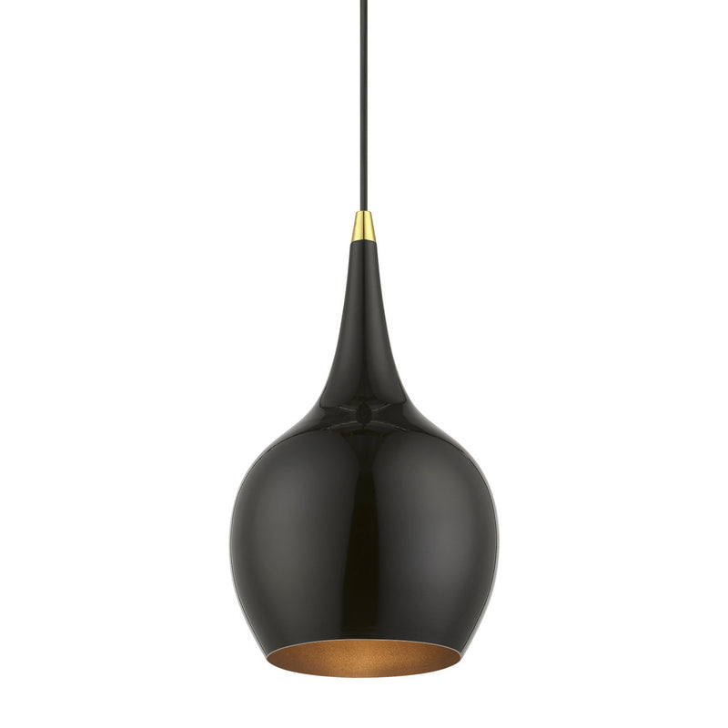 Livex Lighting 49016-68 One Light Mini Pendant, Shiny Black w/Polished Brass