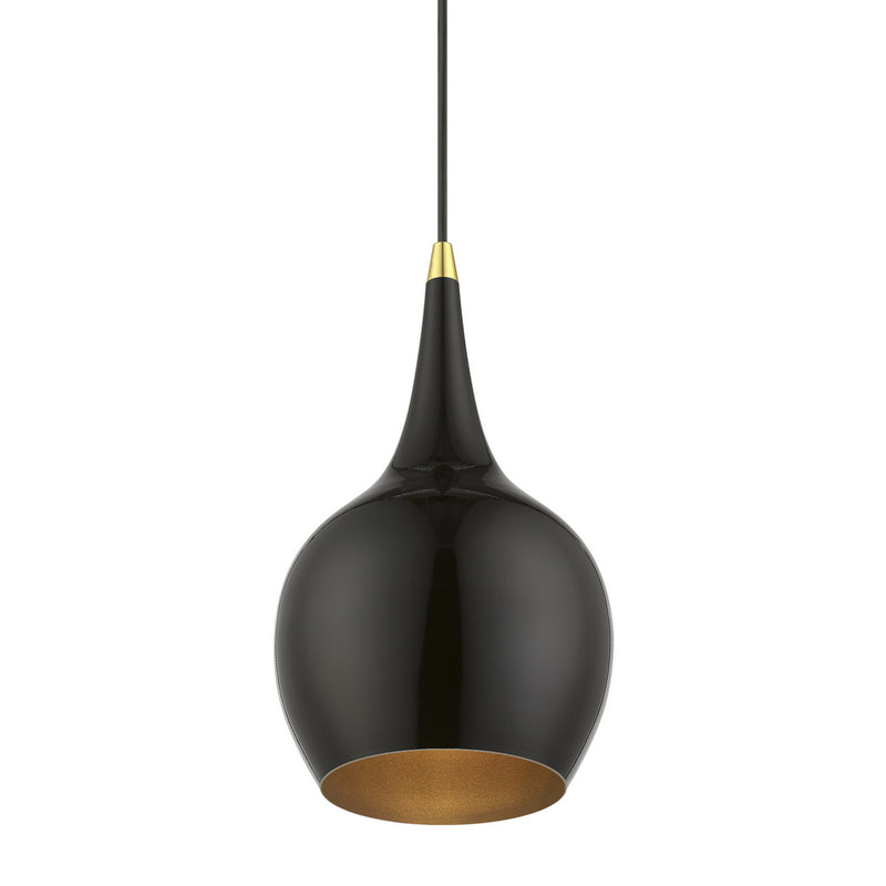 Livex Lighting 49016-68 One Light Mini Pendant, Shiny Black w/Polished Brass