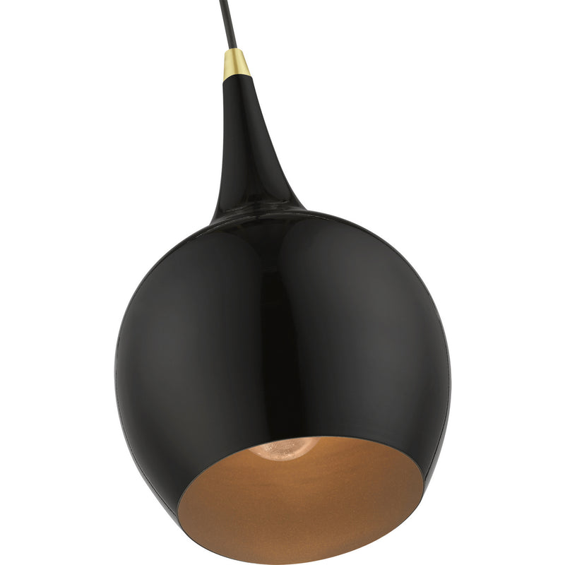 Livex Lighting 49016-68 One Light Mini Pendant, Shiny Black w/Polished Brass