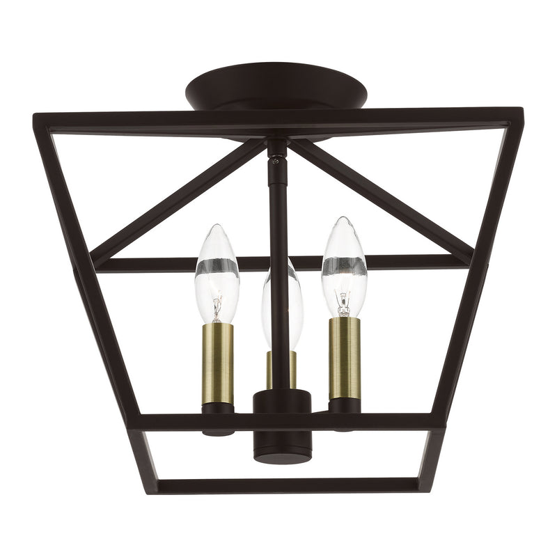Livex Lighting 49430-07 Three Light Semi-Flush Mount, Bronze w/Antique Brass