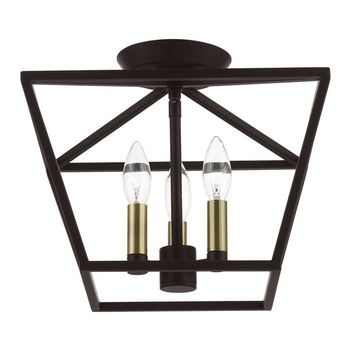 Livex Lighting 49430-07 Three Light Semi-Flush Mount, Bronze w/Antique Brass