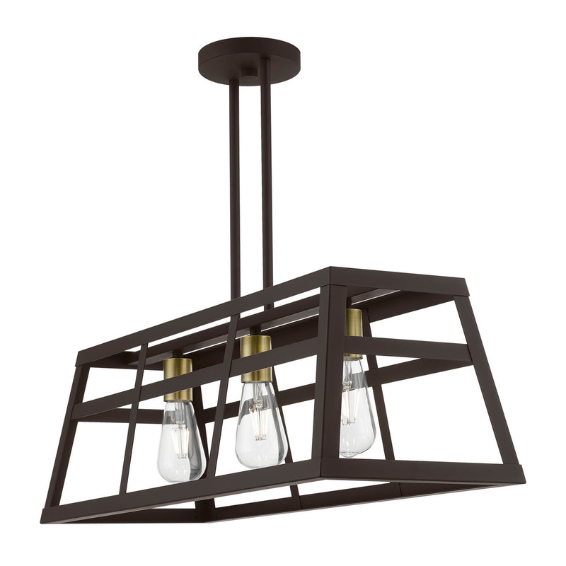 Livex Lighting 49563-07 Three Light Linear Chandelier, Bronze w/Antique Brass