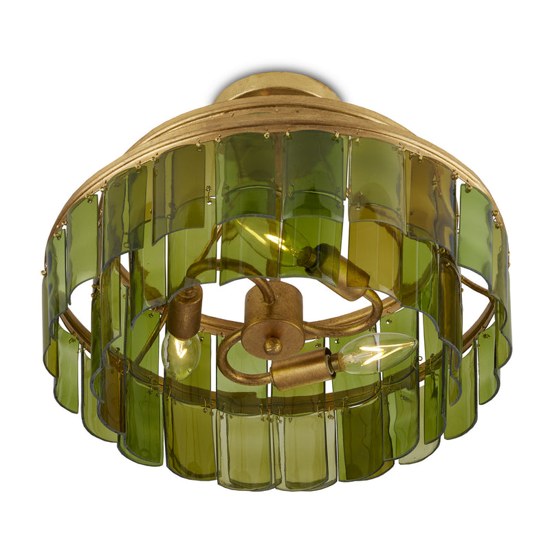 Currey and Company 9000-0984 Three Light Semi-Flush Mount, Contemporary Gold Leaf/Green