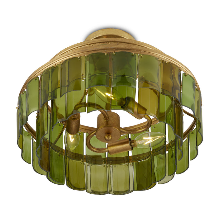 Currey and Company 9000-0984 Three Light Semi-Flush Mount, Contemporary Gold Leaf/Green