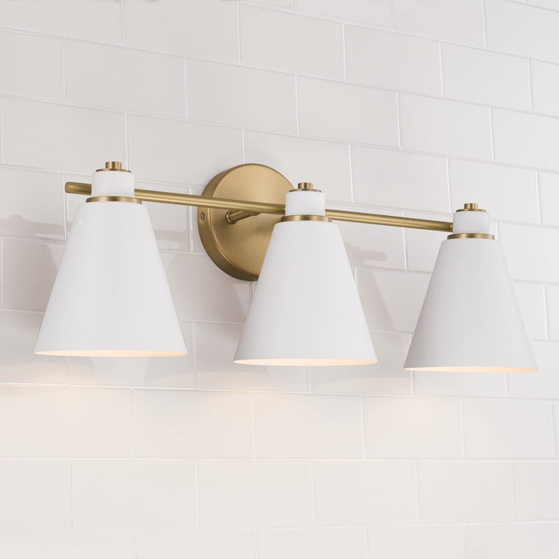 Capital Lighting 150131AW Three Light Vanity, Aged Brass and White