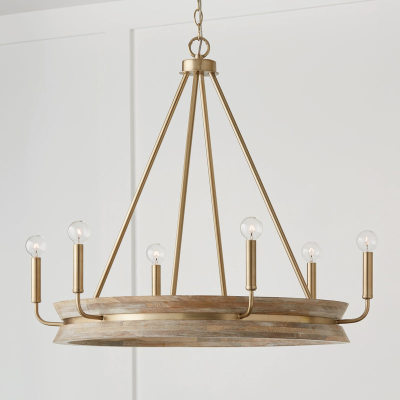 Capital Lighting 447361WS Six Light Chandelier, White Wash and Matte Brass