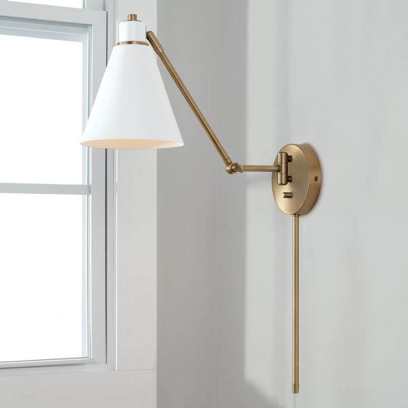 Capital Lighting 650111AW One Light Wall Sconce, Aged Brass and White