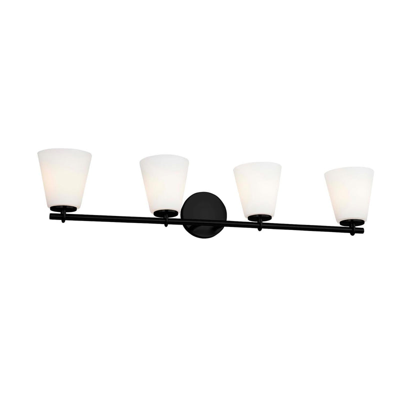 Justice Designs FSN-8034-OPAL-MBLK Four Light Bath Bar, Matte Black
