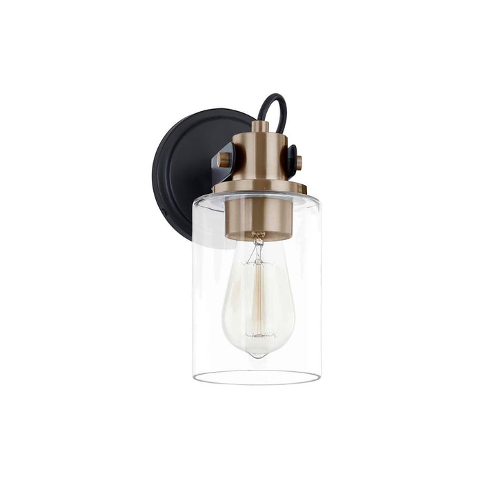 Justice Designs FSN-8191-CLER-MBBR One Light Wall Sconce, Matte Black w/ Brass