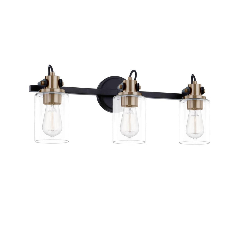 Justice Designs FSN-8193-CLER-MBBR Three Light Bath Bar, Matte Black w/ Brass