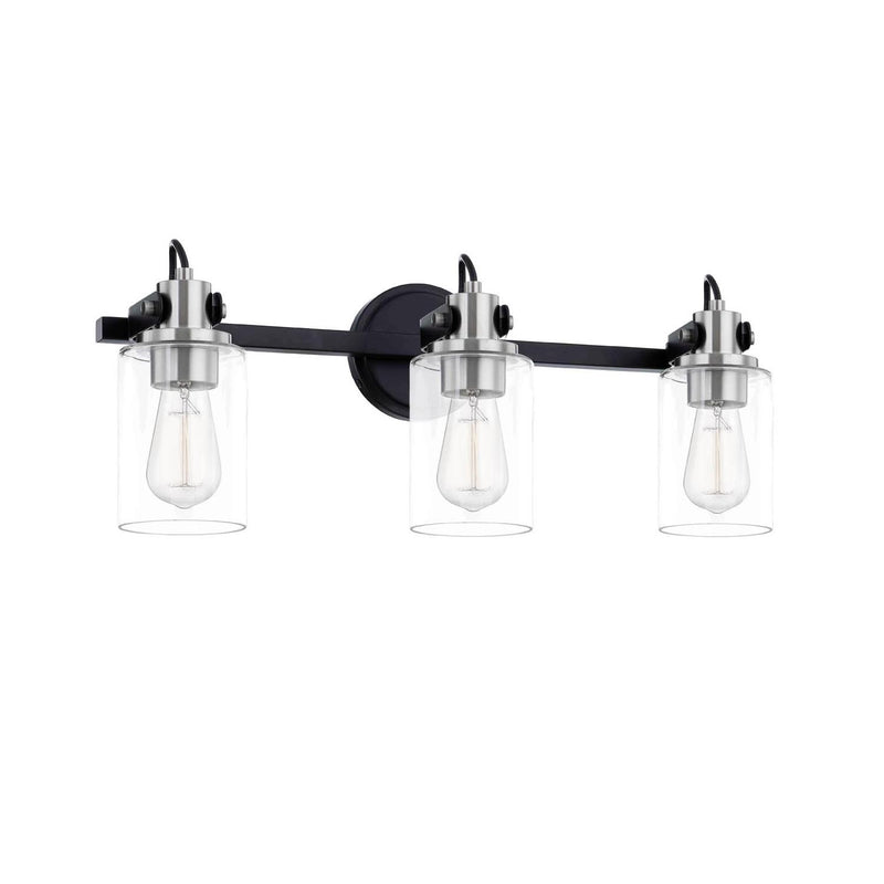 Justice Designs FSN-8193-CLER-MBNK Three Light Bath Bar, Matte Black w/ Brushed Nickel