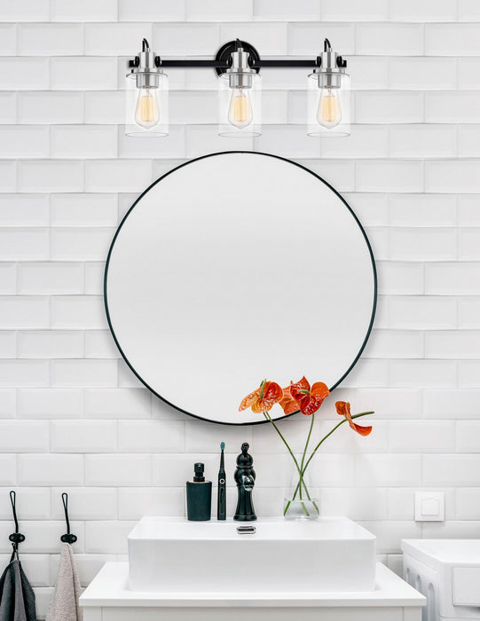 Justice Designs FSN-8193-CLER-MBNK Three Light Bath Bar, Matte Black w/ Brushed Nickel