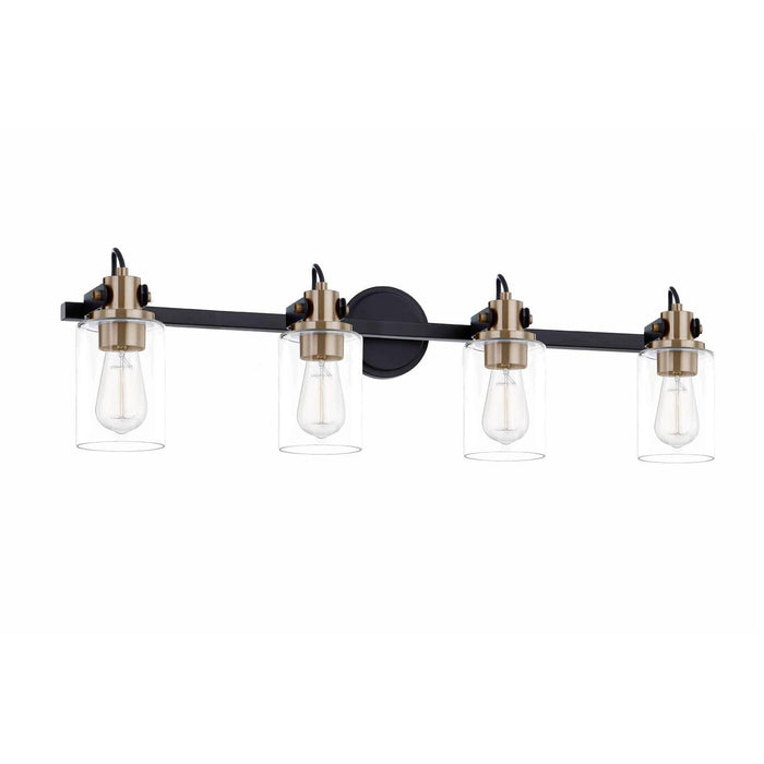 Justice Designs FSN-8194-CLER-MBBR Four Light Bath Bar, Matte Black w/ Brass
