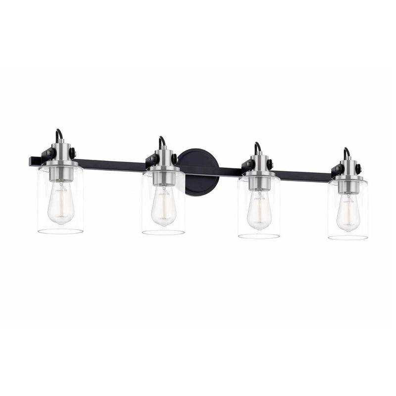Justice Designs FSN-8194-CLER-MBNK Four Light Bath Bar, Matte Black w/ Brushed Nickel