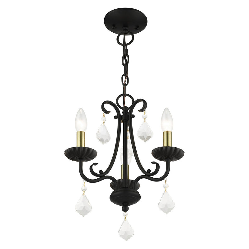 Livex Lighting 40873-04 Three Light Mini Chandelier, Black with Antique Brass