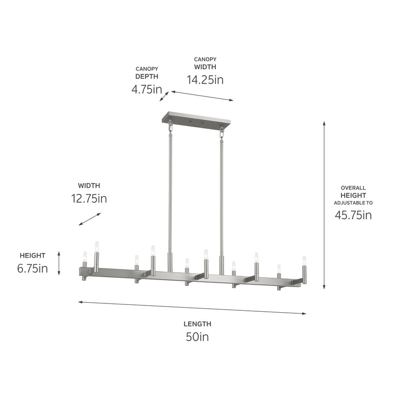 Kichler 52614SN Ten Light Linear Chandelier, Satin Nickel