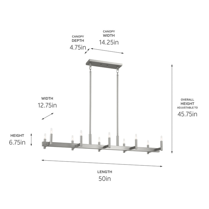 Kichler 52614SN Ten Light Linear Chandelier, Satin Nickel