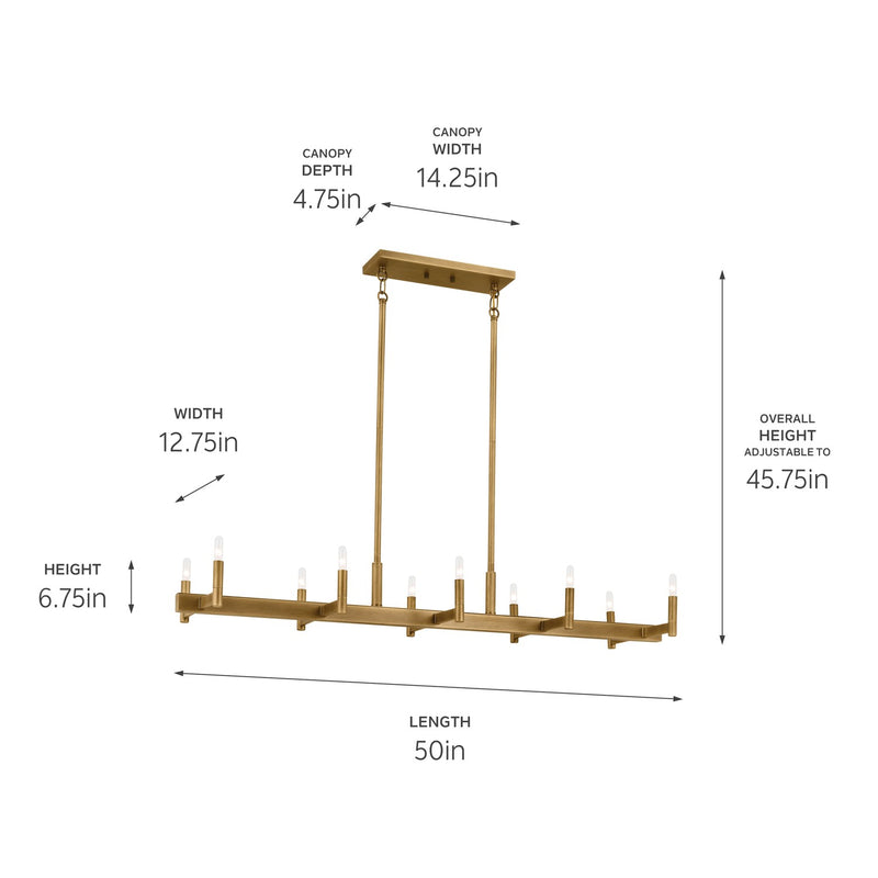 Kichler 52614NBR Ten Light Linear Chandelier, Natural Brass
