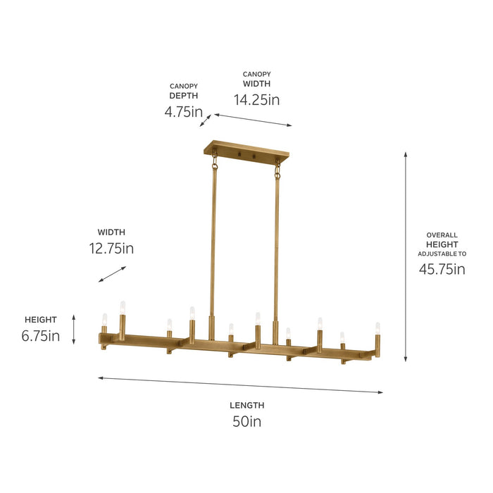 Kichler 52614NBR Ten Light Linear Chandelier, Natural Brass