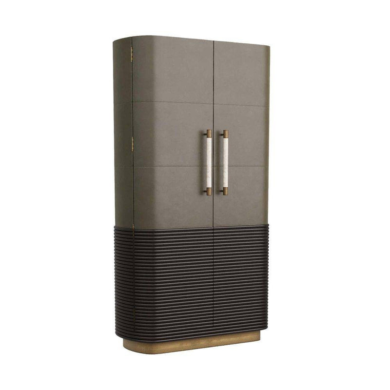 Arteriors 6266 Cabinet, Graphite Leather/Umder Oak/White Marble/Antique Brass