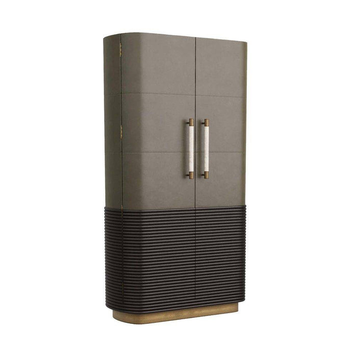 Arteriors 6266 Cabinet, Graphite Leather/Umder Oak/White Marble/Antique Brass