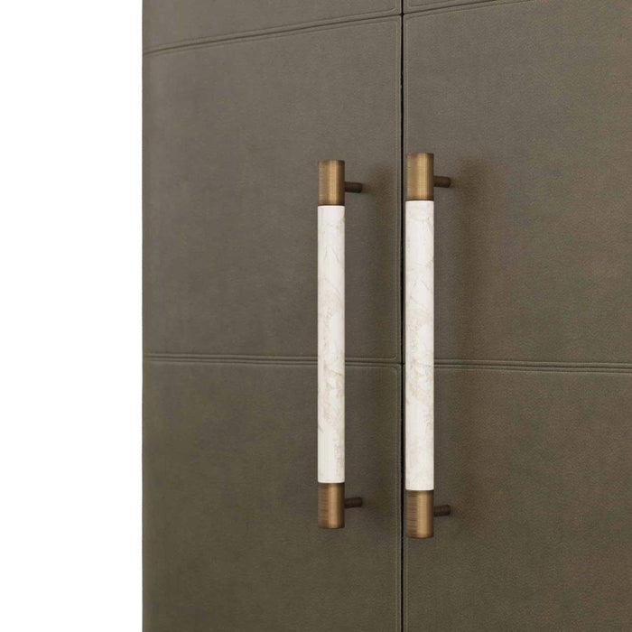 Arteriors 6266 Cabinet, Graphite Leather/Umder Oak/White Marble/Antique Brass
