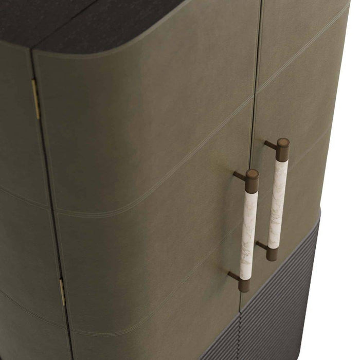 Arteriors 6266 Cabinet, Graphite Leather/Umder Oak/White Marble/Antique Brass