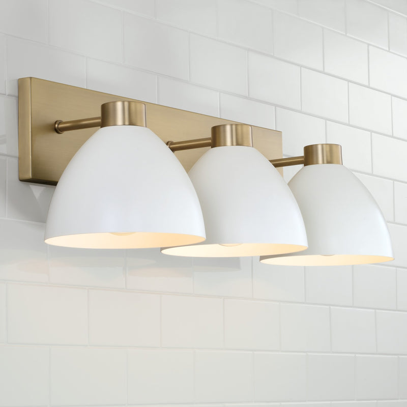 Capital Lighting 152031AW Three Light Vanity, Aged Brass and White