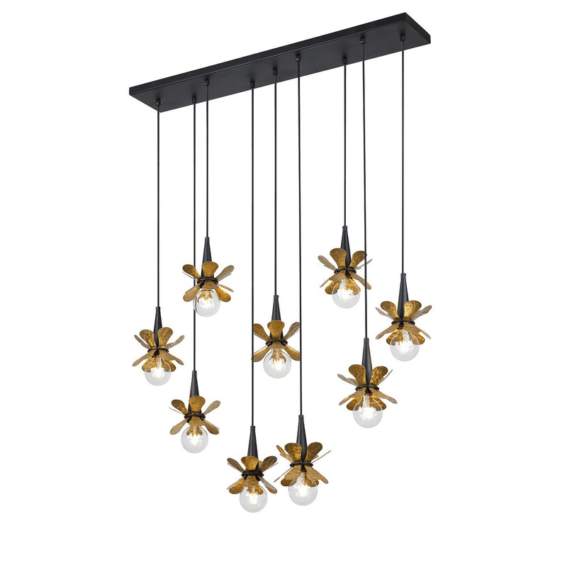 Savoy House 1-2185-9-103 Nine Light Linear Chandelier, Satin Black with Hammered Gold