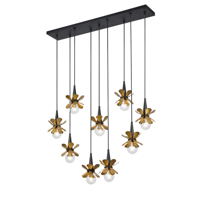 Savoy House 1-2185-9-103 Nine Light Linear Chandelier, Satin Black with Hammered Gold