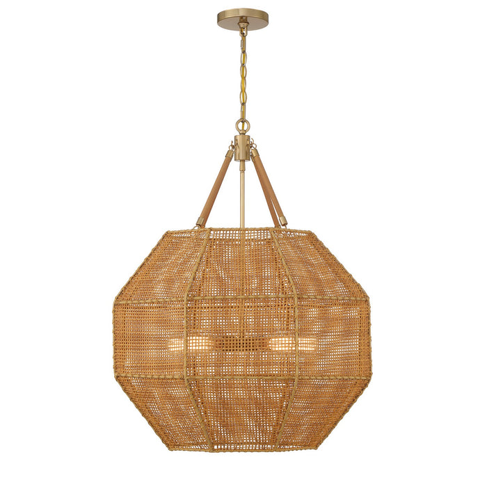 Savoy House 7-5106-5-177 Five Light Pendant, Burnished Brass and Rattan