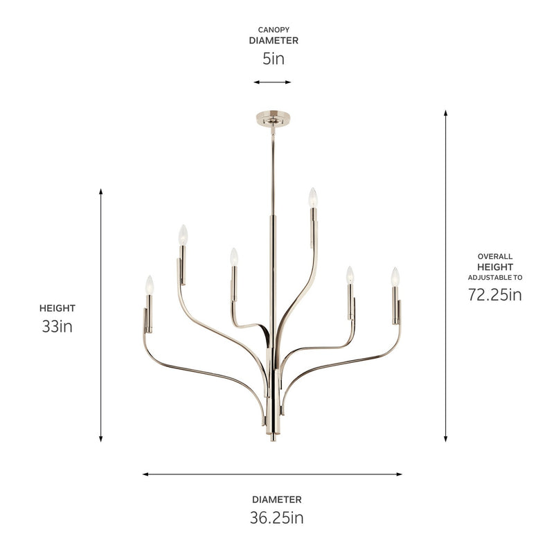 Kichler 52673PN Six Light Chandelier, Polished Nickel