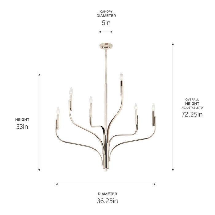 Kichler 52673PN Six Light Chandelier, Polished Nickel