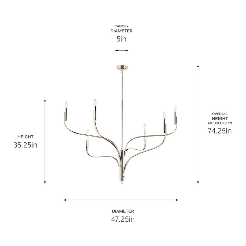 Kichler 52674PN Six Light Chandelier, Polished Nickel