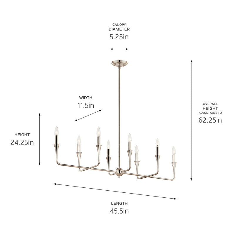 Kichler 52693PN Eight Light Linear Chandelier, Polished Nickel