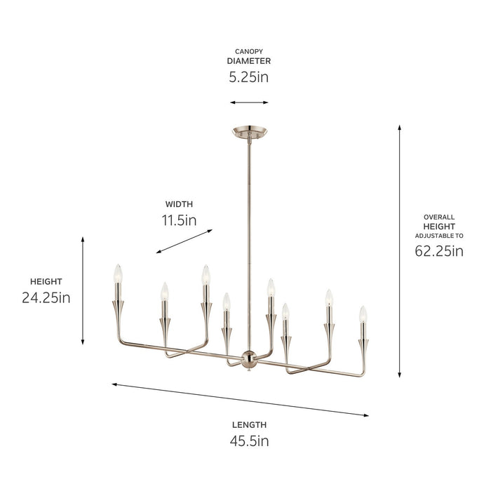 Kichler 52693PN Eight Light Linear Chandelier, Polished Nickel