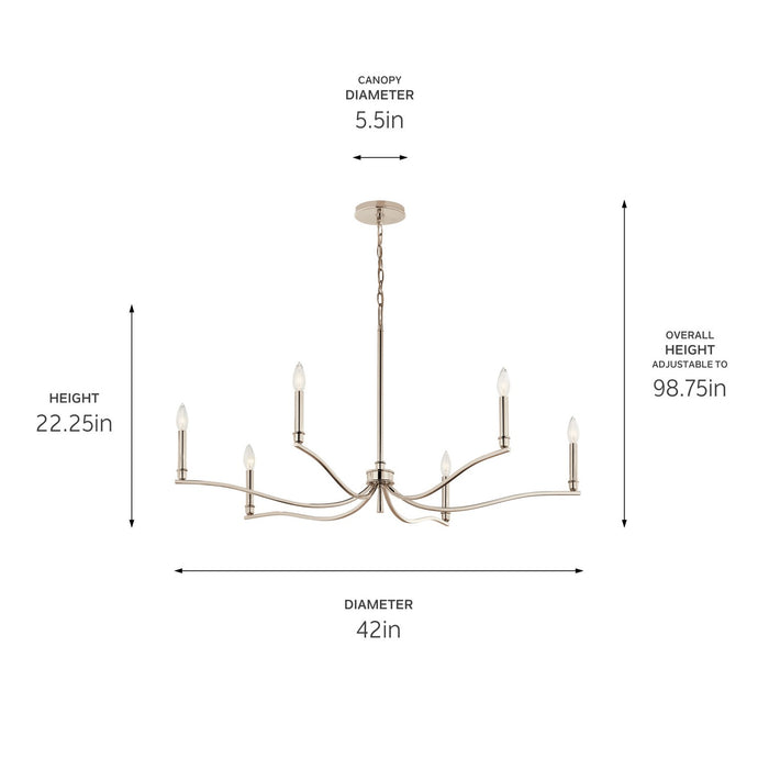 Kichler 52696PN Six Light Chandelier, Polished Nickel