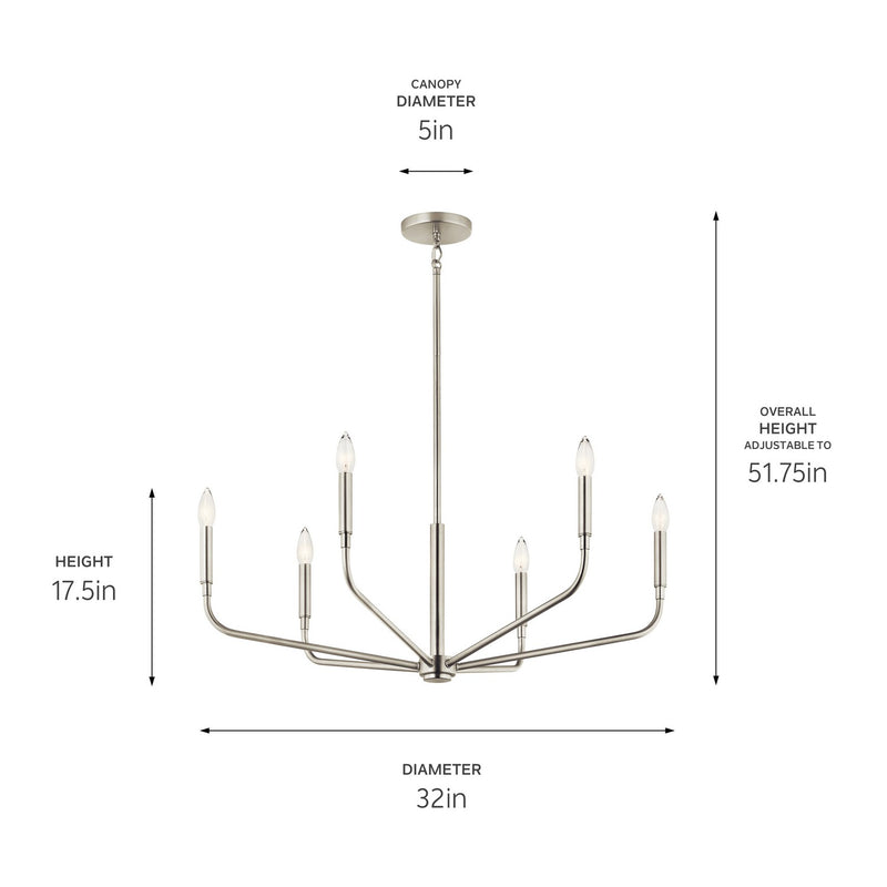 Kichler 52718NI Six Light Chandelier, Brushed Nickel