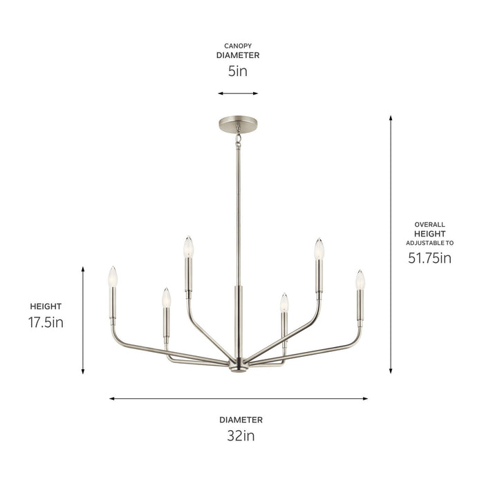 Kichler 52718NI Six Light Chandelier, Brushed Nickel