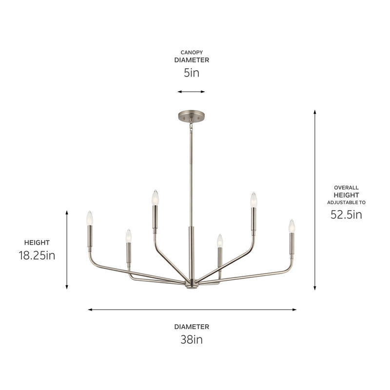 Kichler 52719NI Six Light Chandelier, Brushed Nickel