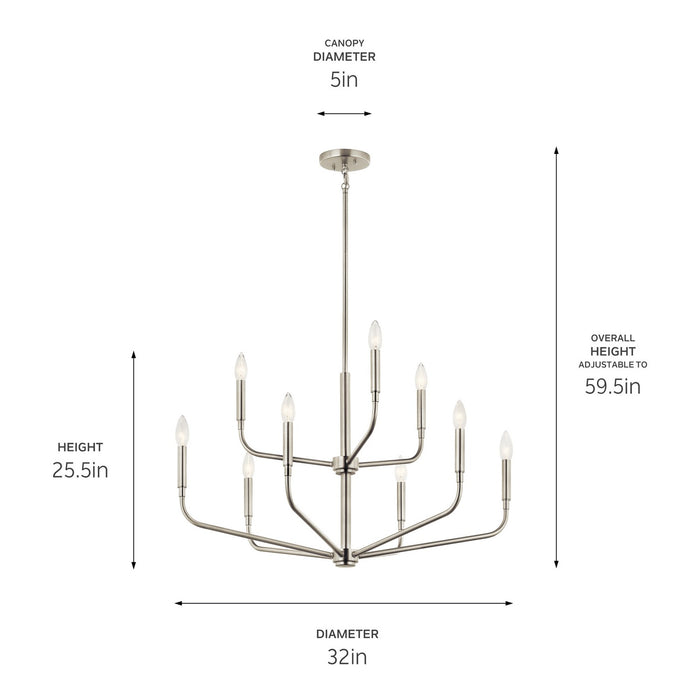Kichler 52720NI Nine Light Chandelier, Brushed Nickel