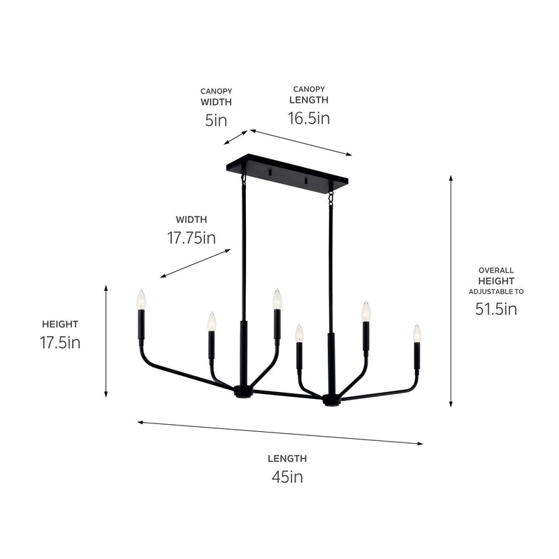 Kichler 52721BK Six Light Linear Chandelier, Black