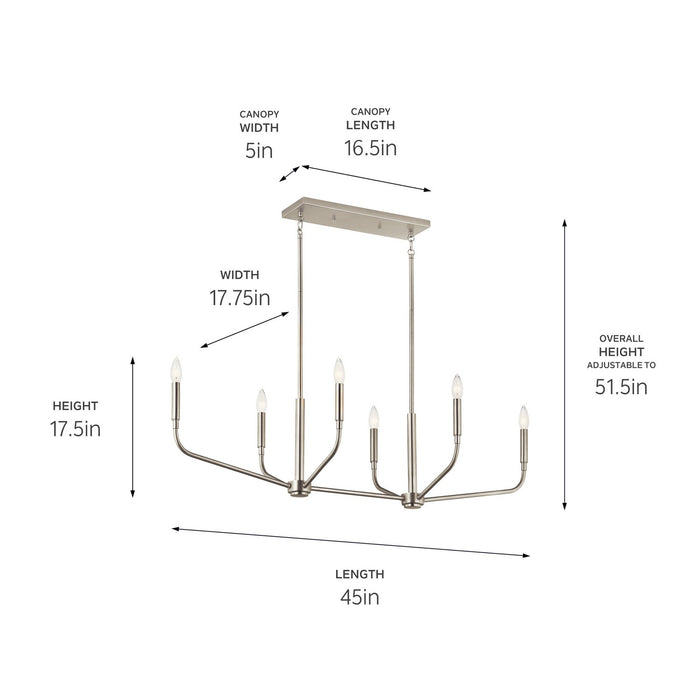 Kichler 52721NI Six Light Linear Chandelier, Brushed Nickel