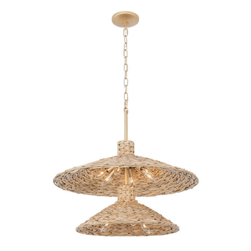 Varaluz 502P09FGN Nine Light Pendant, French Gold/Natural Seagrass