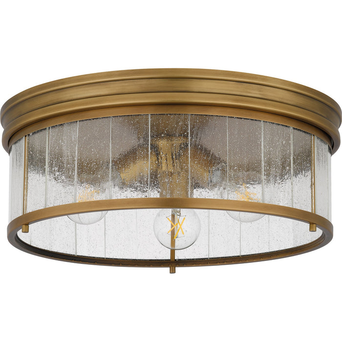 Quoizel QFL6743WS Three Light Flush Mount, Weathered Brass