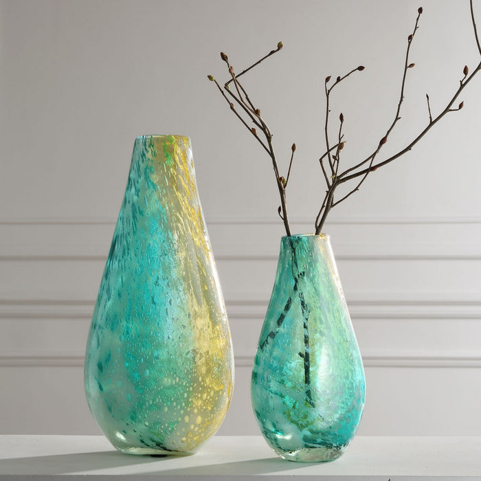 Uttermost 18157 Vases, S/2, Exquisite Teal, Amber, And Gold